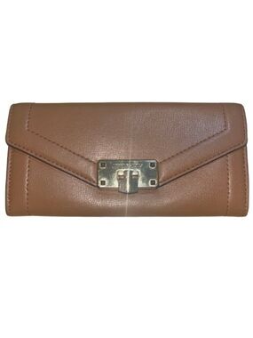 Michael Kors Kinsley Leather Large Carryall Flap Wallet Tan Brown Gold